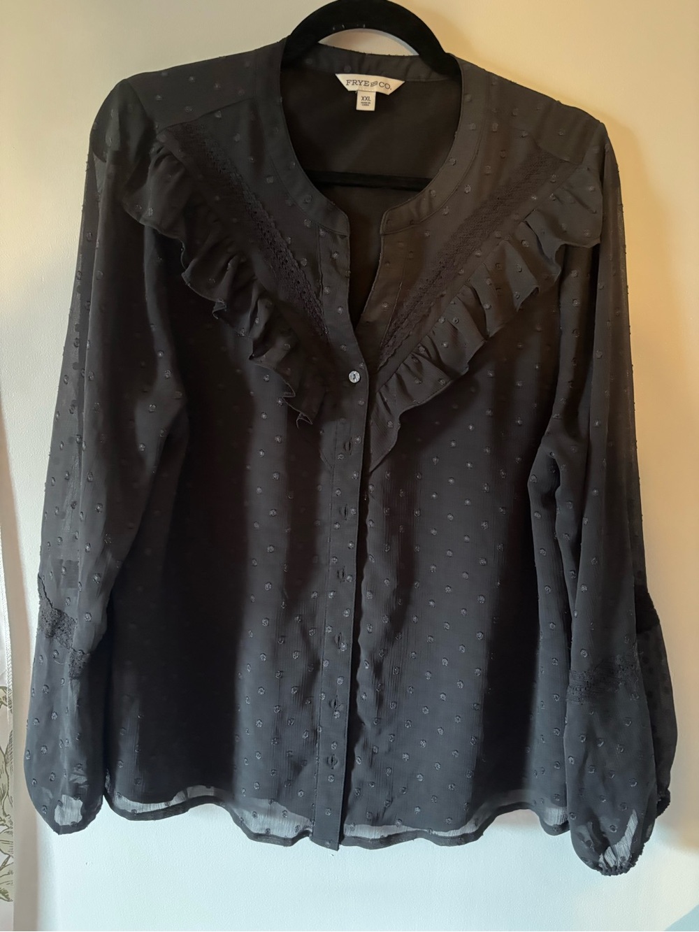 Frye and Co- XXL Black Ruffled Swiss Dot Blouse that Buttons Up